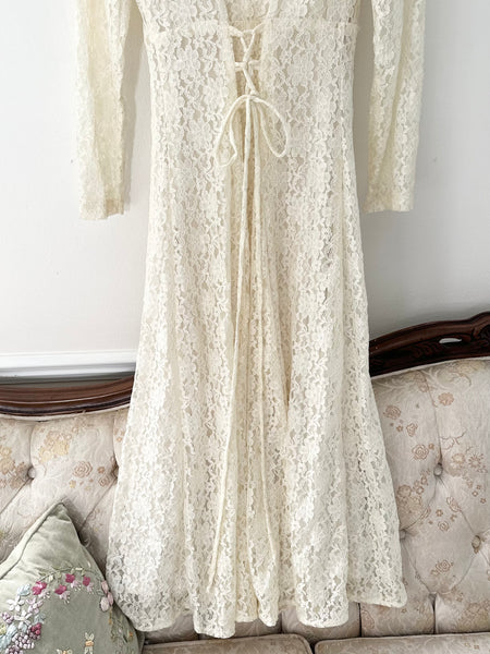Vintage 1970s Lace Ruffle Button Down Corset Dress