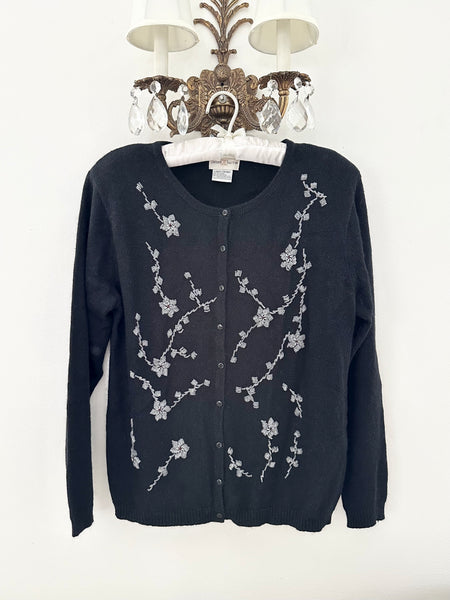 Black Floral Embroidered Beaded Cardigan (L)