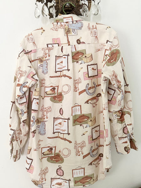 Old Country Novelty Print Cotton Button Up Blouse (M)