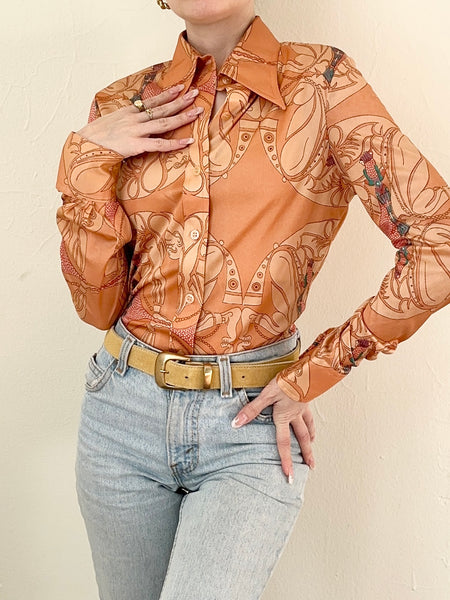 Vintage 1970s Art Nouveau Disco Print Novelty Button Down Blouse (XS/S)