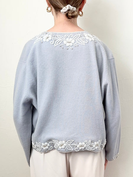 Baby Blue 1950s Beaded Pearl Cardigan Sweater (S)