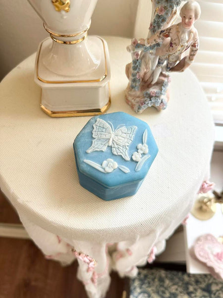 Small Blue Vintage Soapstone Octagon Butterfly Trinket Box
