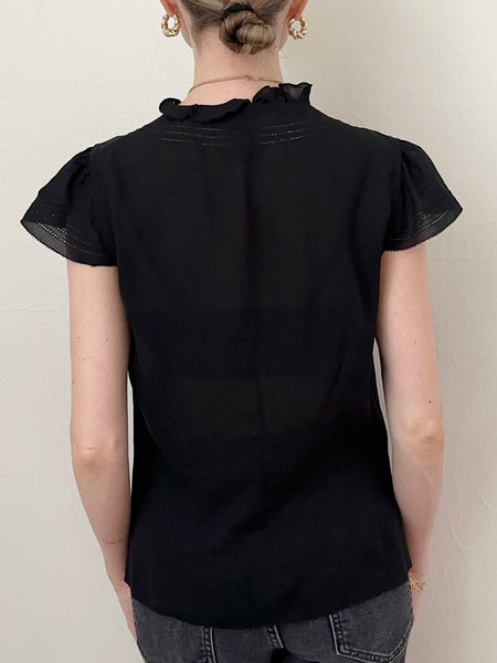 Romantic Black Silk Ruffle Button Up Blouse (6)