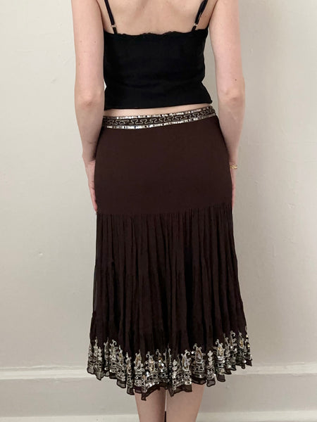 Vintage Y2K Brown Silk Silver Sequin Skirt (XS/S, 30”)
