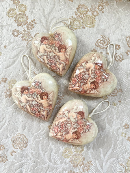Vintage Cherub Heart Paper Mâché Christmas Holiday Ornaments