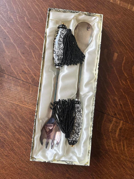 Toile De Jouy Porcelain Silver Salad Serving Utensils