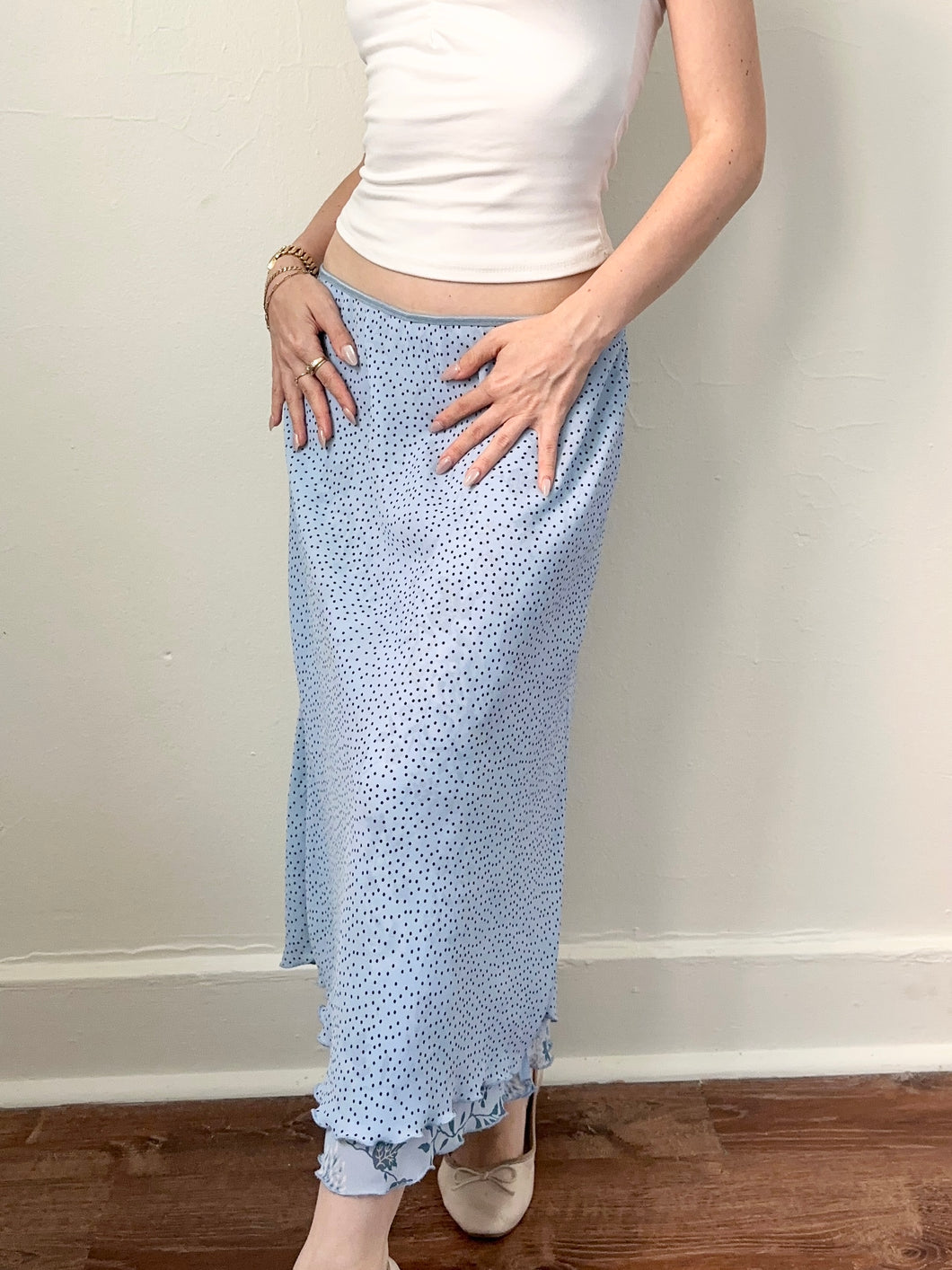 Vintage Blue Polka Dot Reversible Midi Skirt (S)