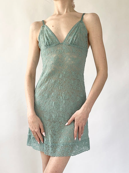 Turquoise Blue 1990s Lace Vintage Victoria's Secret Slip Dress (XS)