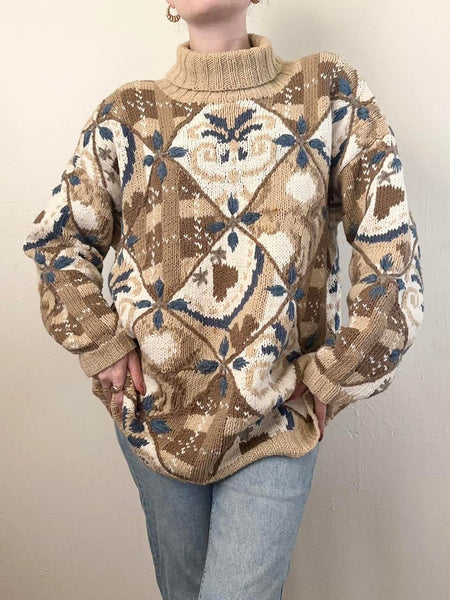 Cozy Hand Knit Blue & Brown Vintage Sweater (M)