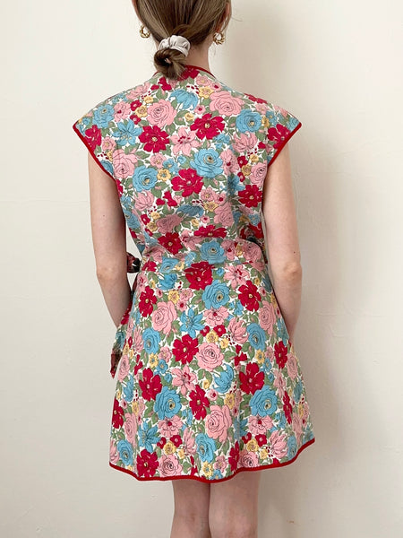 Red Floral Handmade Vintage Apron Cotton Wrap Dress (S)