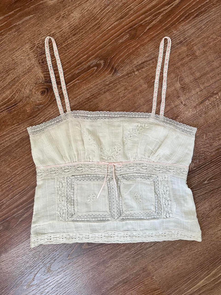 Dainty Cream Vintage Style Pink Ribbon Lace Cotton Camisole (XS/S)