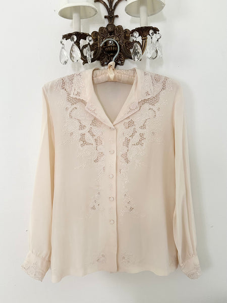 Vintage Hand Embroidered Silk Cream Blouse (M)