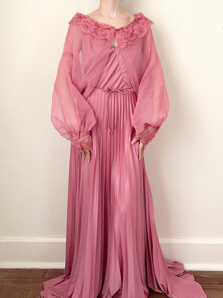 Pink Mauve Silky Slip Dress Nightgown & Bed Jacket Set (M)