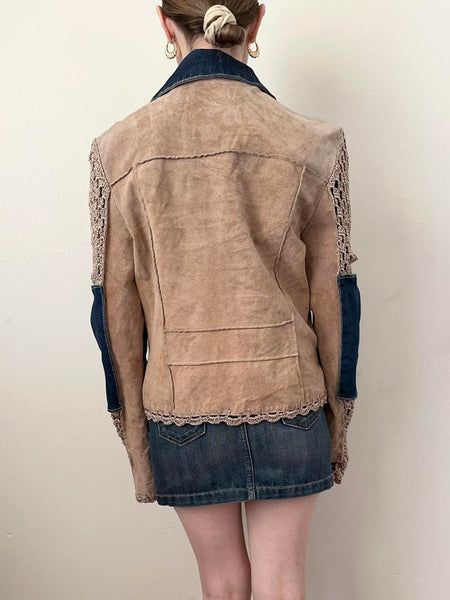 90s Patchwork Leather, Denim & Crochet Jacket (XS/S)
