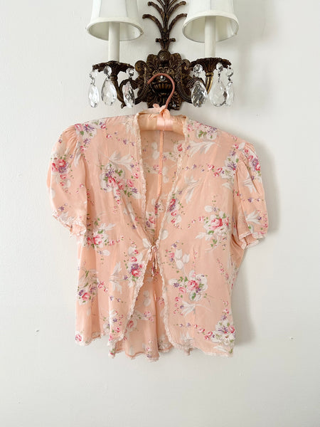 Peach Pink Floral Puff Sleeve Antique 1930s 1940s Silk Tie Bed Jacket Blouse (S/M)