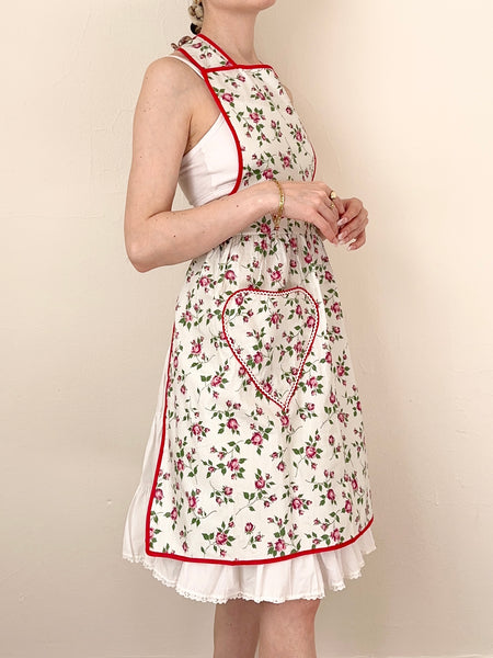 Pink and Red Romantic Ditzy Roses Vintage Pinafore Apron Dress