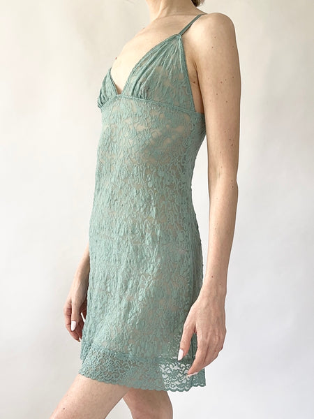 Turquoise Blue 1990s Lace Vintage Victoria's Secret Slip Dress (XS)