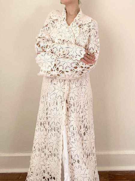 Peter Pan Collar Belle Sleeve 70s Boho Inspired Crochet Medallion Duster Cardigan (L)