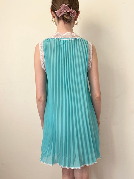 60s Mod Babydoll Turquoise Blue Lace Trim Pleated Mini (XS/XXS)