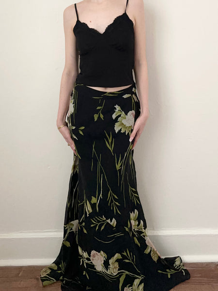 Vintage Black Silk Pink Roses Floral Skirt (10, 30”)