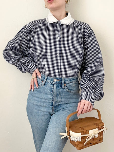 Navy Blue Gingham Button Up Peter Pan Collar Blouse (M)