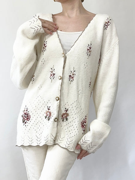 Floral Embroidered Pointelle Pearl Cardigan Sweater (L)