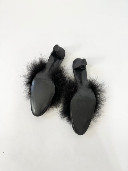 Black Feather Kitten Heel Mules (5.5)