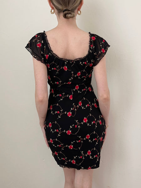 Red Rosette Embroidered Vintage Milkmaid Mini Dress (XS)