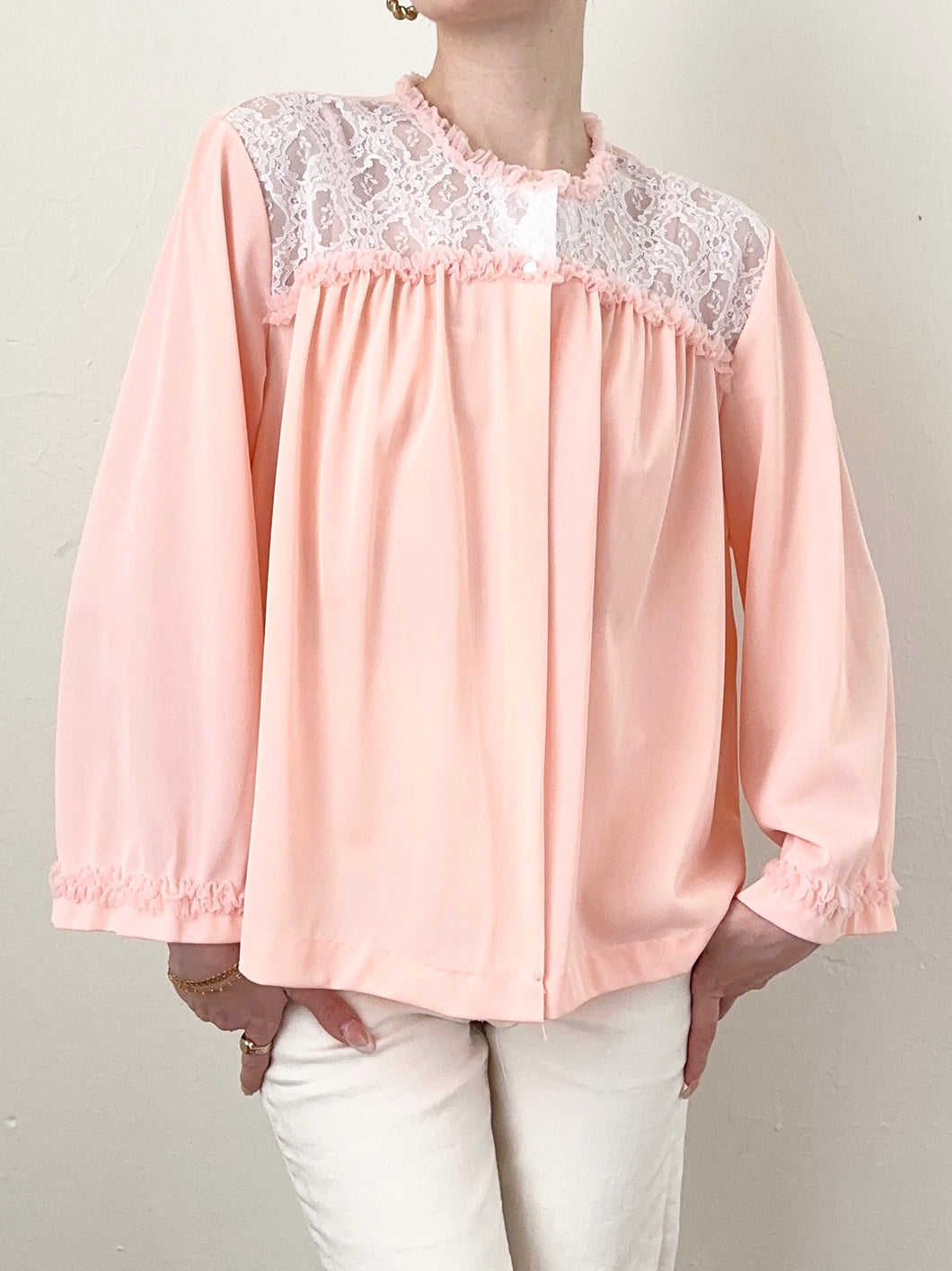 Pink Silky Lace Trim 1960s Princess Lace Trim Bed Jacket (S)
