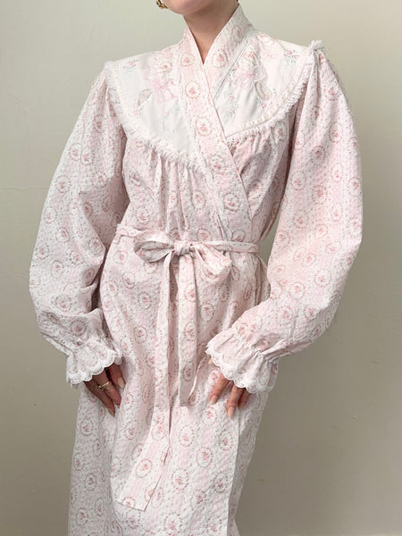Pink & Green Dainty Floral Cotton Lace Trim Robe (XS)