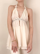 Load image into Gallery viewer, Victoria’s Secret Ivory Silk Silver Sequin Halter Blouse (L)
