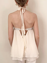 Load image into Gallery viewer, Victoria’s Secret Ivory Silk Silver Sequin Halter Blouse (L)
