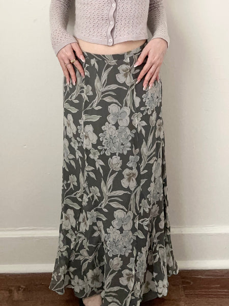 Vintage Sage Green Silk Floral Skirt (12, 32”)