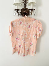 Load image into Gallery viewer, Peach Pink Floral Puff Sleeve Antique 1930s 1940s Silk Tie Bed Jacket Blouse (S/M)
