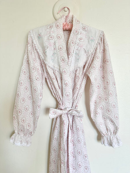 Pink & Green Dainty Floral Cotton Lace Trim Robe (XS)
