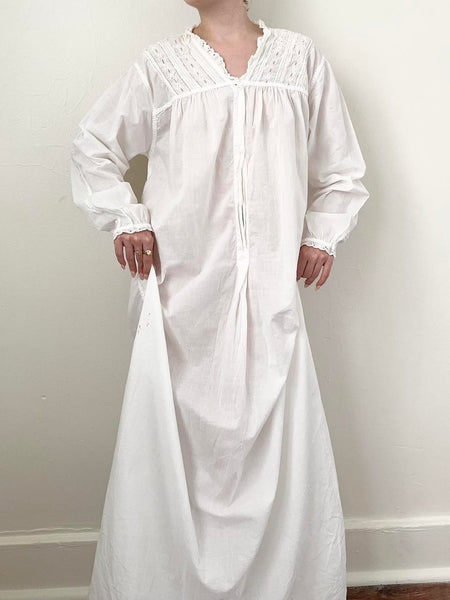 Antique Edwardian White Cotton Prairie Button Down Nightdress (S/M)