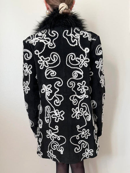 Black Suede Floral Embroidered Coat (S)