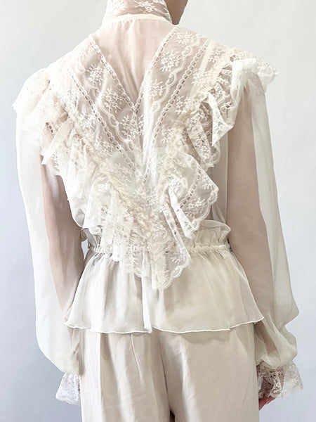 1970s Sheer Lace Trim Victorian Style Blouse (XS)
