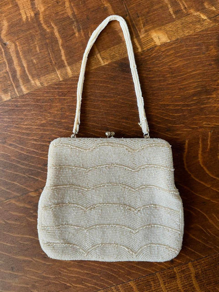 White Vintage 1950s Beaded Handbag Purse