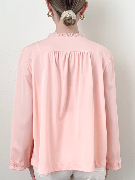 Pink Silky Lace Trim 1960s Princess Lace Trim Bed Jacket (S)