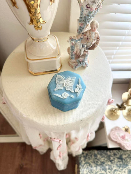 Small Blue Vintage Soapstone Octagon Butterfly Trinket Box
