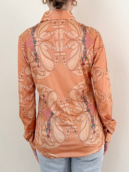 Vintage 1970s Art Nouveau Disco Print Novelty Button Down Blouse (XS/S)