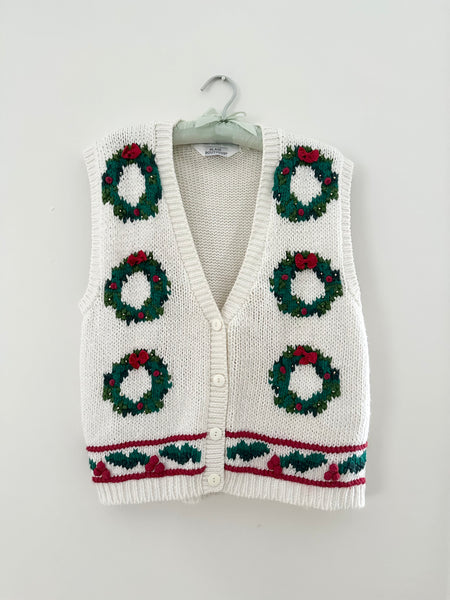 Holiday Wreath Hand Knit 80s Vintage Sweater Vest (M/L)