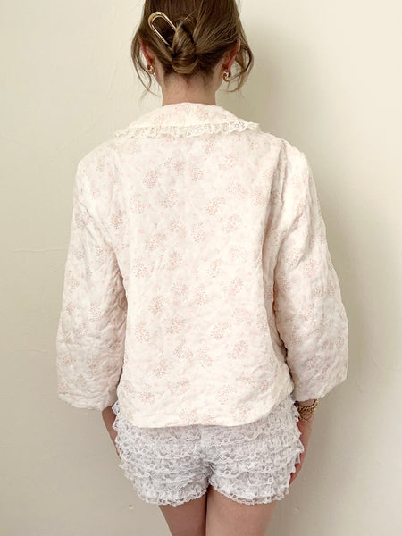 Pink Silky Ditsy Floral Lace Trim 1950s Bed Jacket (S)