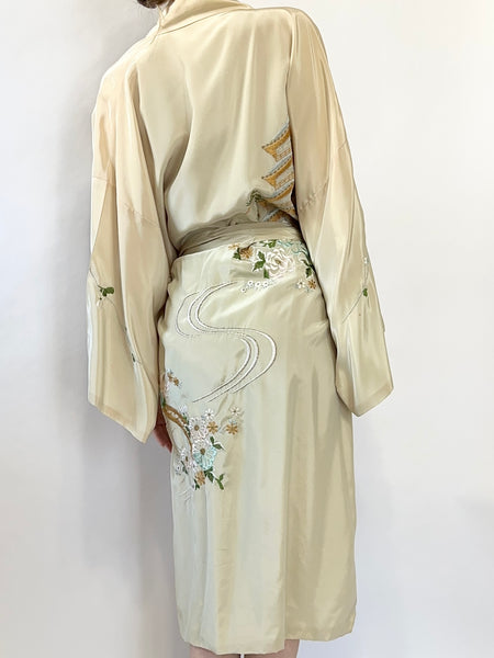 Green Satin Vintage 1940s Japanese Embroidered Robe (OS)