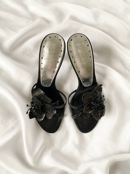 Black Flower Vintage Mule Kitten Heels (5.5)