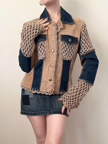 90s Patchwork Leather, Denim & Crochet Jacket (XS/S)