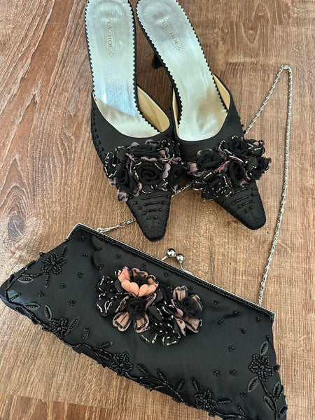 Vintage Black Satin Embellished Floral Mule Heels & Purse Set (10)