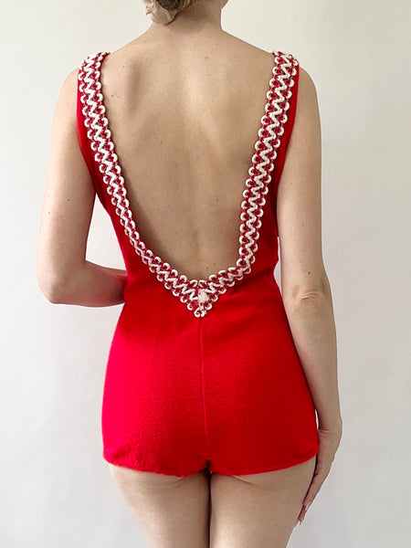 Retro 1950s Red Wool One Piece Bullet Bra Swimsuit (XS/S)