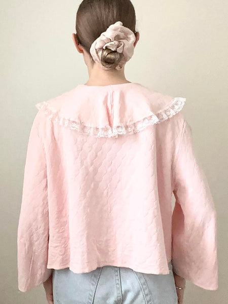Pink Silky Lace Trim 1950s Peter Pan Collar Bed Jacket (S/M)